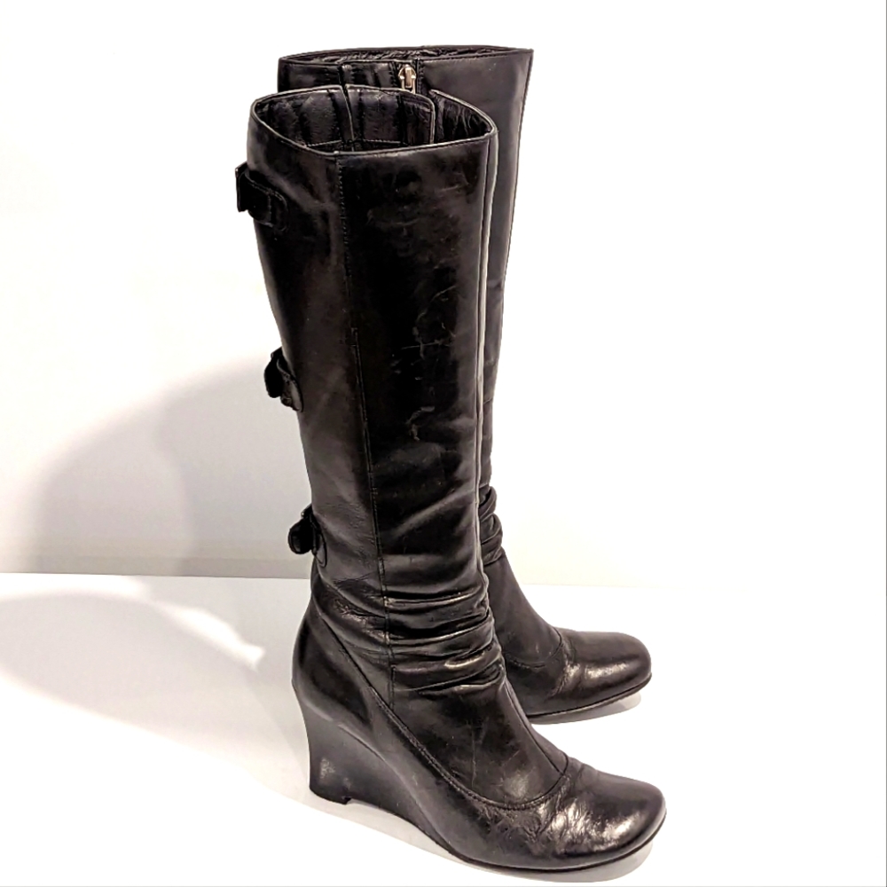 Spring black knee high wedge boots size 6.5